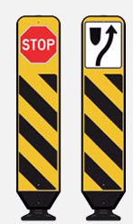 Stop sign with warning stripes and avoid obstacle road sign